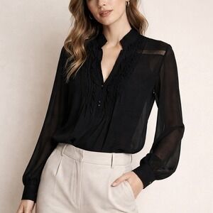 Chico's Black Sheer Ruffle Pintuck Blouse 0/S V-Neck Chiffon Evening Victorian